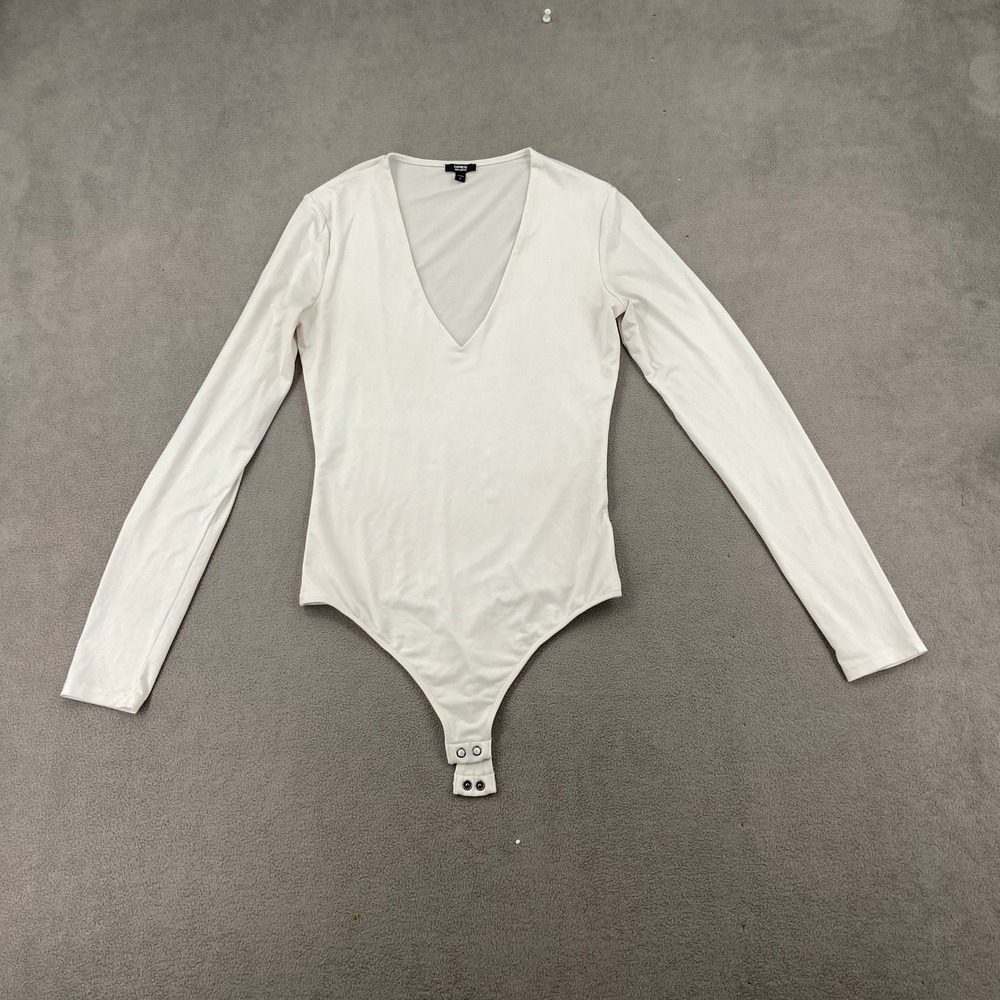 Express Body Contour White V Neck Long Sleeve Bodysuit Small